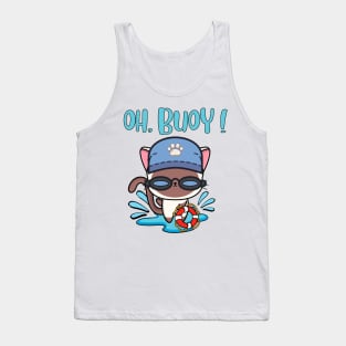 Funny White Cat swimming with a Buoy - Pun Intended Tank Top